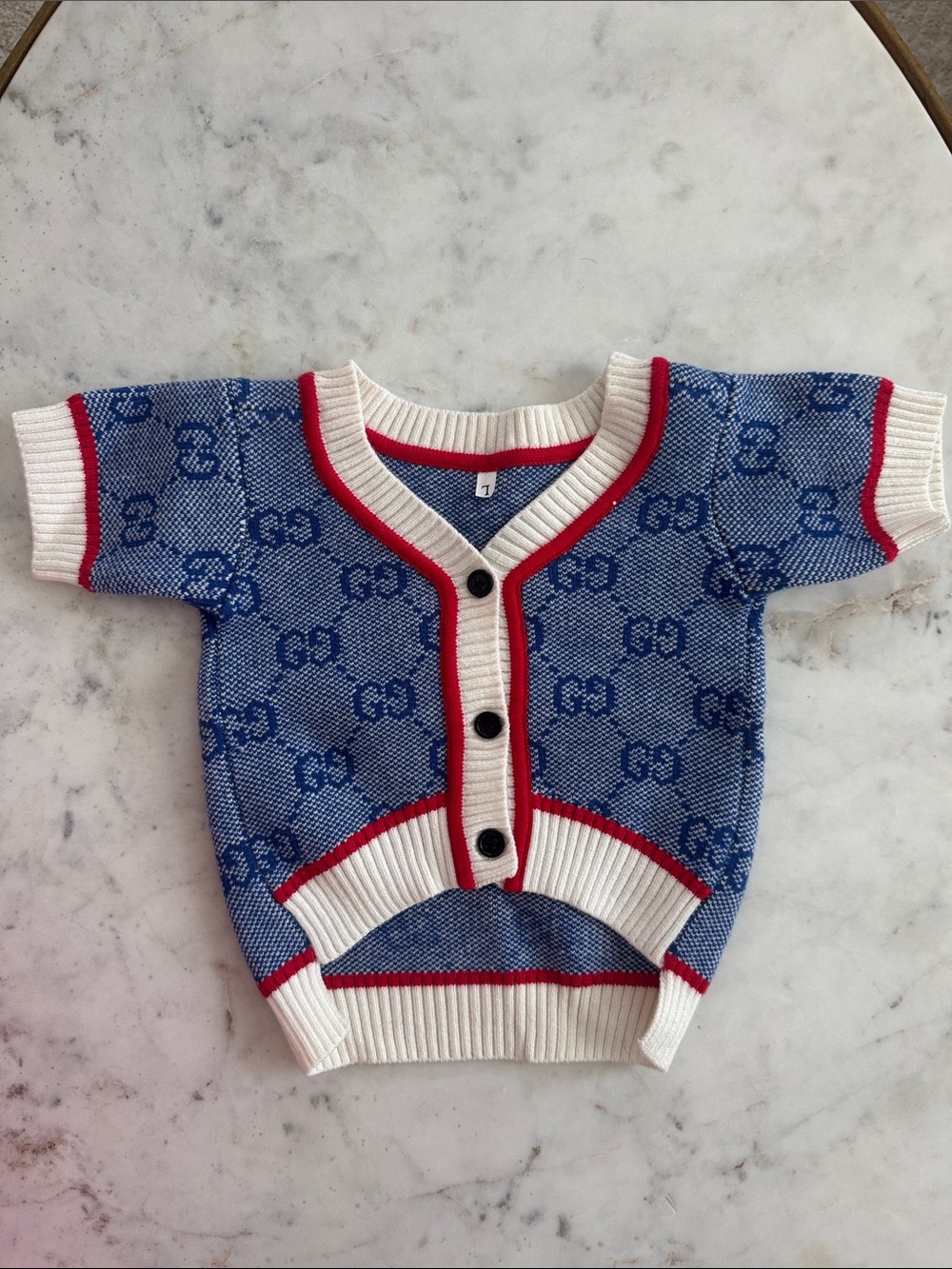 Gucci Light Blue GG Knit Short Sleeve Top with White & Red Trim